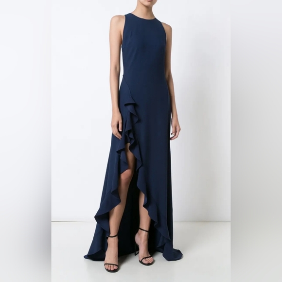 ZAC Zac Posen Janice Slit Ruffle Gown Navy - Picture 2 of 14